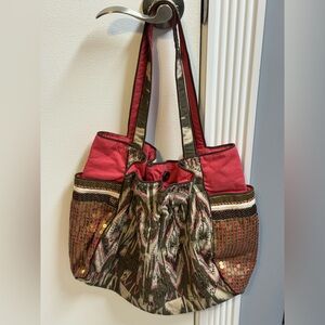 Chicos Haryana embellished Ikat Tote Pink Brown Sequins Beading